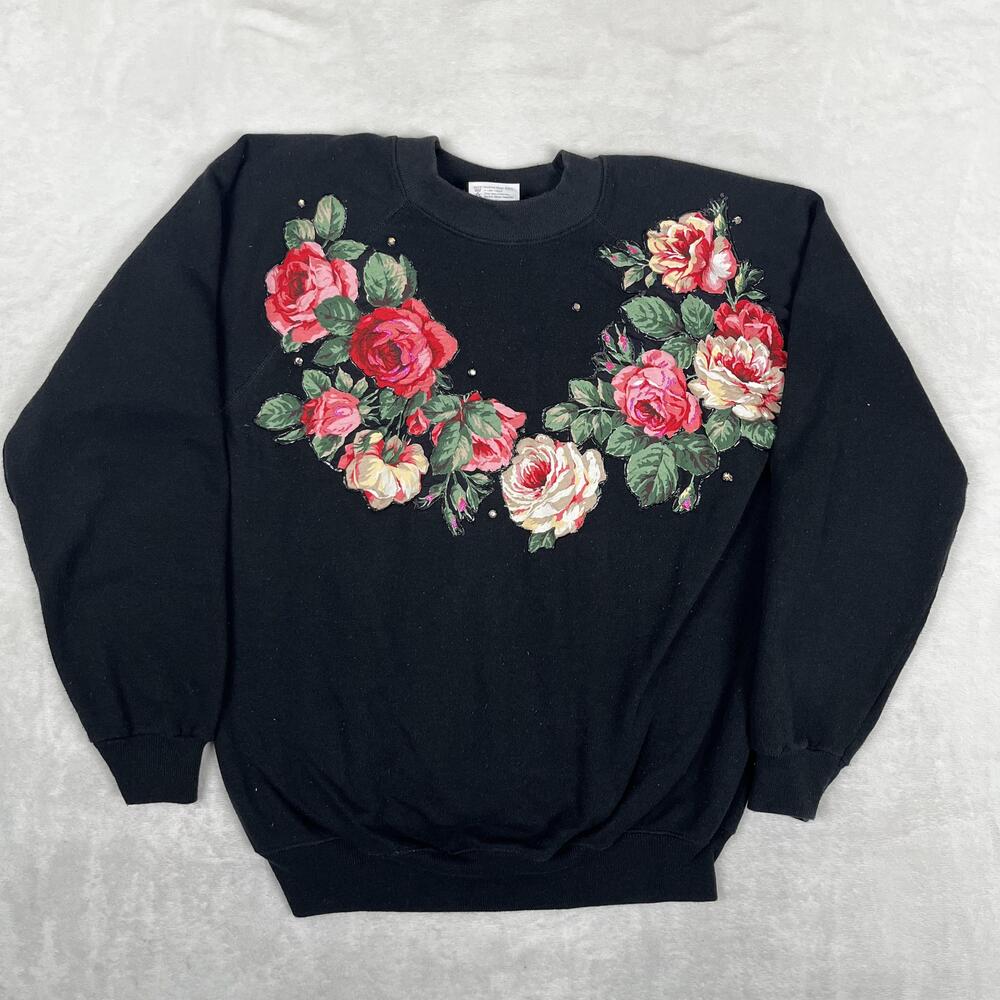 Vintage Rose Floral Rhinestone Raglan Sweatshirt Womens M Black Crewneck USA